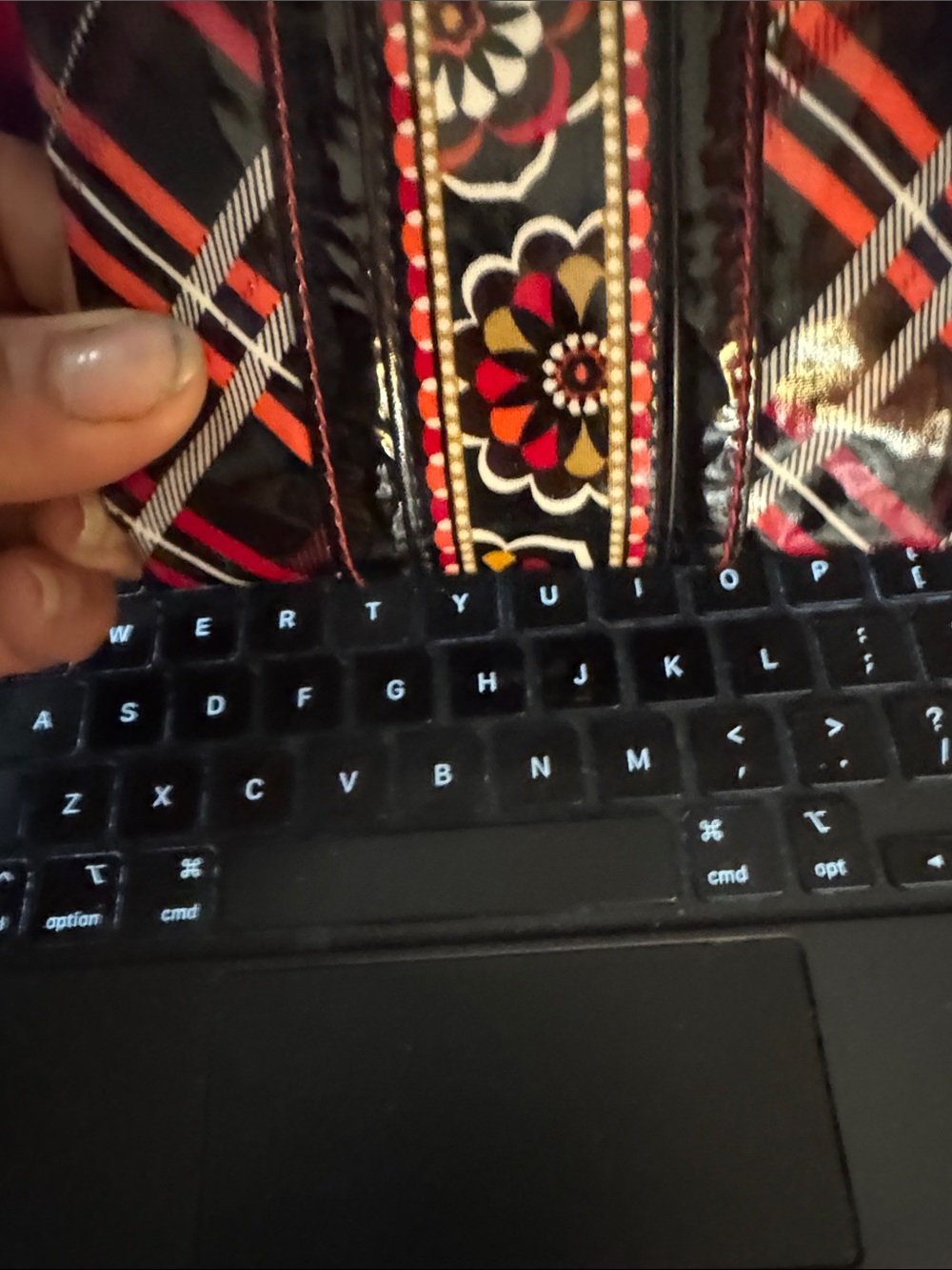 Vera Bradley Black Floral Plaid Wristlet with Red and Orange Accents